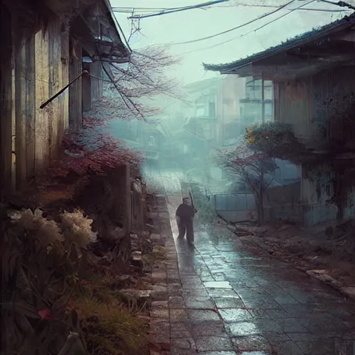 Image similar to walking around dilapidated ikeshima island, nagasaki, japan. volumetric lighting, dew, spring morning, slight overcast weather, realistic illustration, perfectly shaded, soft painting, art by krenz cushart and wenjun lin