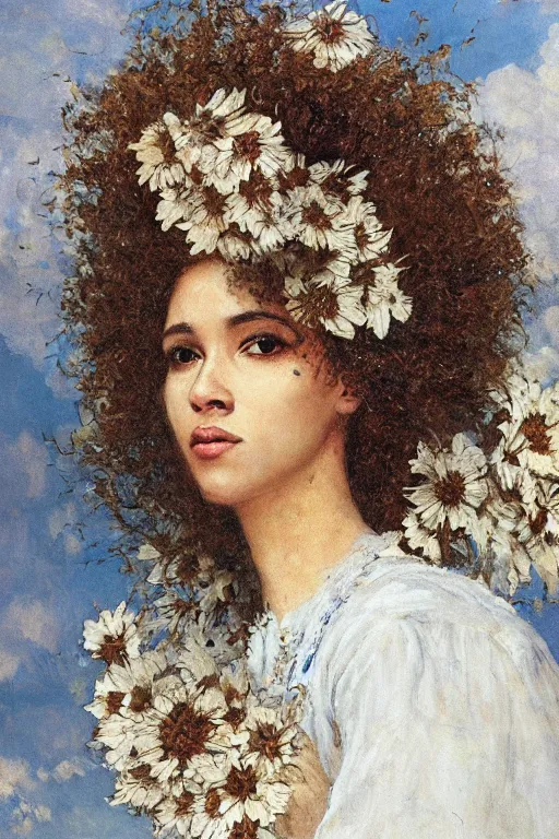 Image similar to close - up fashion afro woman portrait airy flowers cloudy sky art by vasnetsov