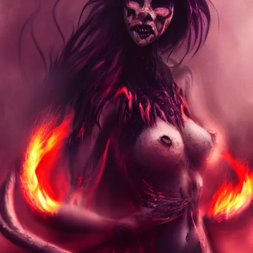 Prompt: female demon, beautiful, scary, fire, dark, cinematic, high detail,
