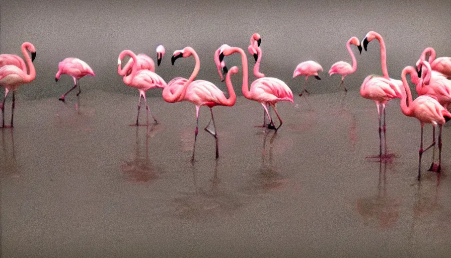 Prompt: flamingos in a stalinist style kitchen, by mini dv camera, very very low quality, heavy grain, very blurry, accidental flash, caught on trail cam