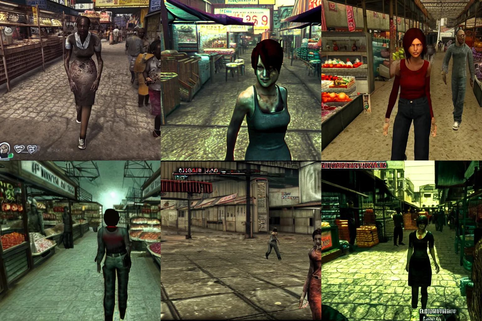 Prompt: Rebecca from the videogame Resident Evil is walking through a food market in africa. zombies in the background. dark atmosphere. Ingame ps1 screenshot.