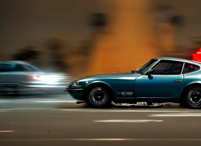 Image similar to Datsun 240z Nissan S30 Fairlady Z racing down high way night time japan film photo motion blur front side view ((((Wadim Kashin Wenjun Lin))))