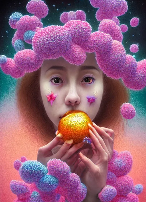 Prompt: hyper detailed 3d render like a Oil painting - kawaii portrait Aurora (brown haired Singer Weasle) seen Eating of the Strangling network of yellowcake aerochrome and milky Fruit and Her delicate Hands hold of gossamer polyp blossoms bring iridescent fungal flowers whose spores black the foolish stars by Jacek Yerka, Mariusz Lewandowski, Houdini algorithmic generative render, Abstract brush strokes, Masterpiece, Edward Hopper and James Gilleard, Zdzislaw Beksinski, Mark Ryden, Wolfgang Lettl, hints of Yayoi Kasuma, octane render, 8k