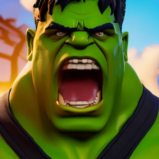 Prompt: hulk in fortnite, 4 k, high detail, high - resolution photograph, professional photography, ultra - detail