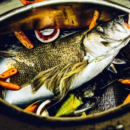 Image similar to a fish on the top of a pile of fish, inside a cooking pot