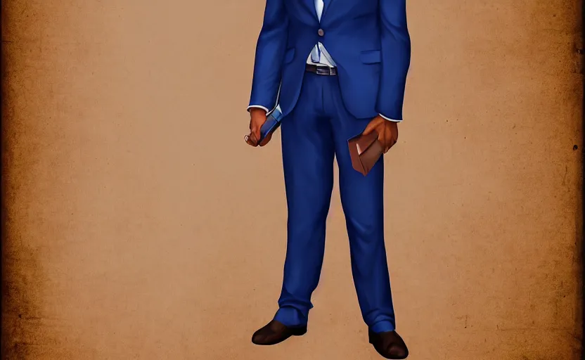 Image similar to cinematic view of a dead by daylight killer lawyer wearing a blue business suit, character portrait, digital art