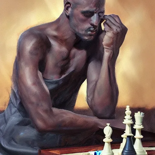 Prompt: knight with mowhawk playing chess, oil painting, soft style, hyperrealism, beautiful, high resolution, trending on artstation