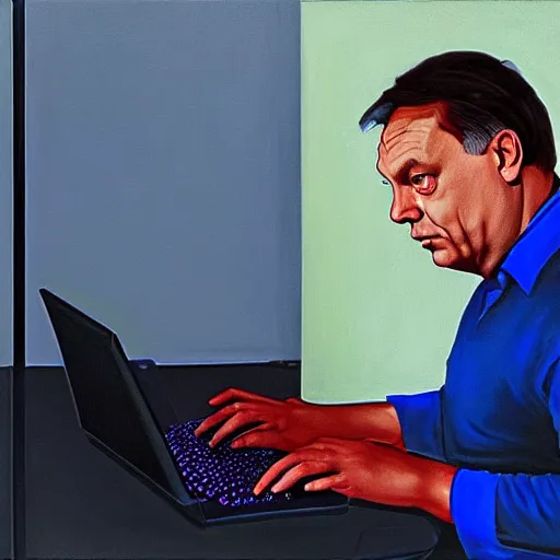 Prompt: viktor orban programming a computer in a cubicle, oil painting