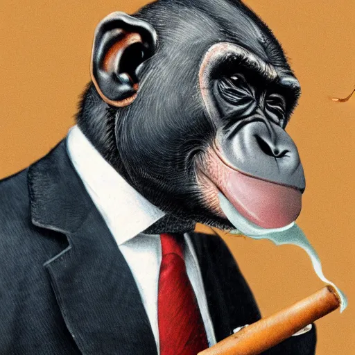 Image similar to a high detail photo of an antropomorphic chimp wearing a suit smoking a cigarrette, subject= chimp, subject detail: wearing a suit, subject action: smoking a cigarrette photorealism