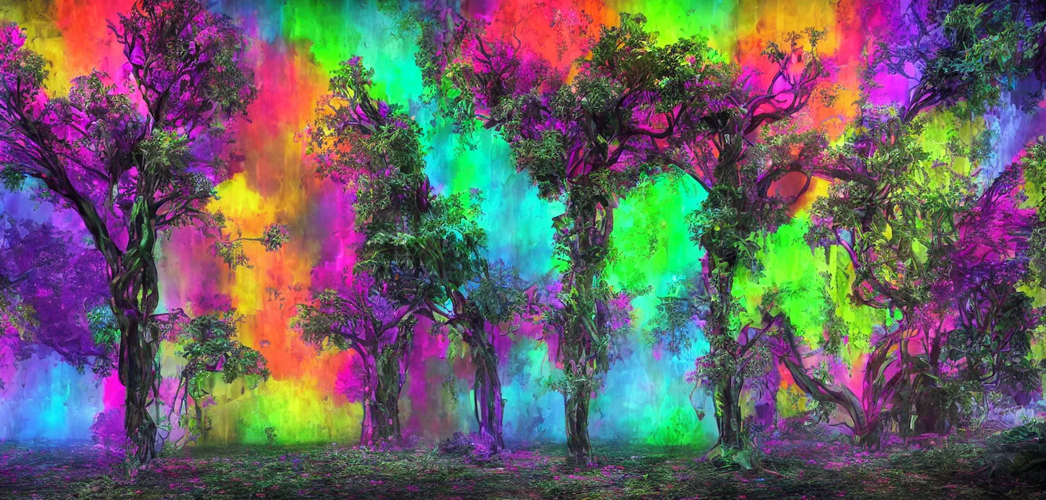 Image similar to Huge flowers growing on tree trunks and holes in buildings, deep colors, rainbow, vivid, brilliant, colored, bright, polychromatic, glowing neon, geometric, dark, mist Art of Illusion, Artrift, finalRender, Flickr, IMAX, Polycount, r/Art, shadow depth, Sketchfab, Sketchlab, Substance Designer, VRay, depth of field, subtractive lighting