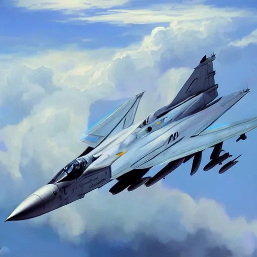 Image similar to Mikoyan MiG-29 flying in the sky, blue sky, white clouds, highly detailed, digital painting, artstation, concept art, sharp focus, illustration, art by artgerm and greg rutkowski and alphonse mucha