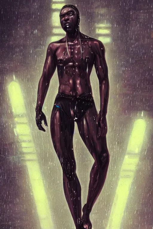 Image similar to black male cyborg body modifications hd james paick low perspective! cyberpunk city neon rain