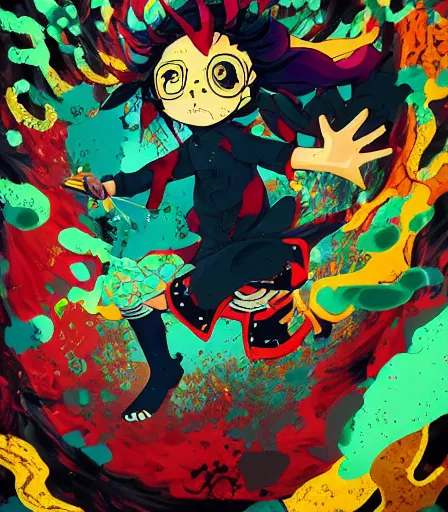 Image similar to Kimetsu no Yaiba by Alex Pardee and Nekro and Petros Afshar ,unstirred paint, vivid color, cgsociety 4K