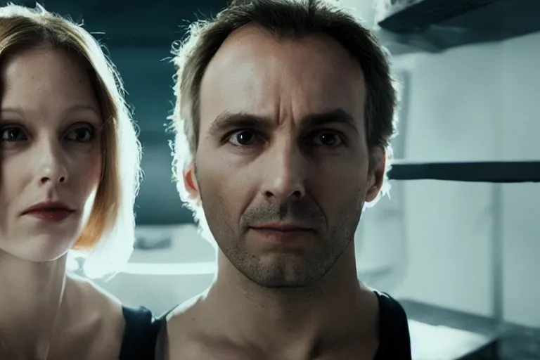 Image similar to movie closeup polar opposites, couple, researchers in a futuristic weapons lab, beautiful skin, Symmetrical faces. Beautiful lighting by Emmanuel Lubezki