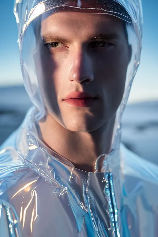 Image similar to an ultra high definition professional high fashion portrait studio full length photograph of a male model wearing a transparent pearlescent raincoat and neon visor in an icelandic black rock environment at dawn. no artefacts. extremely detailed. stark. refraction. shallow depth of field. volumetric light and shadow. ray tracing. light rays.