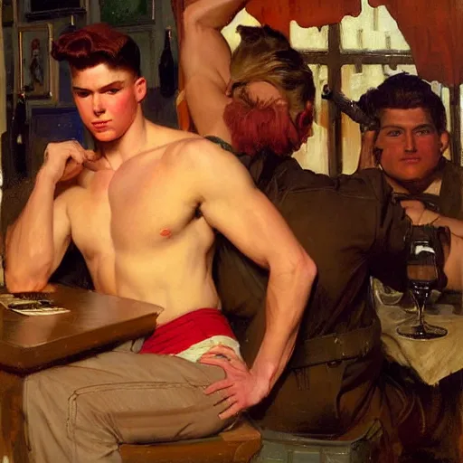 Image similar to drinking their hearts out, in a pub. shorts, attractive muscular male with red hair, and attractive muscular male with black hair. very defined and highly detailed painting by j. c. leyendecker, gaston bussiere, craig mullins 8 k