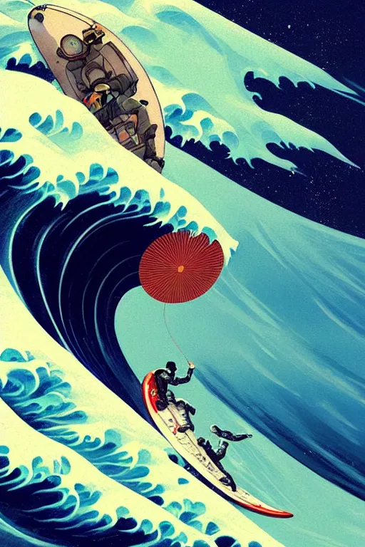 Prompt: a beautiful digital painting of an astronaut surfing the great wave off kanagawa on a surboard by greg rutkowski, trending on artstation, highly detailed, intricate, unreal engine, octane render, photorealistic