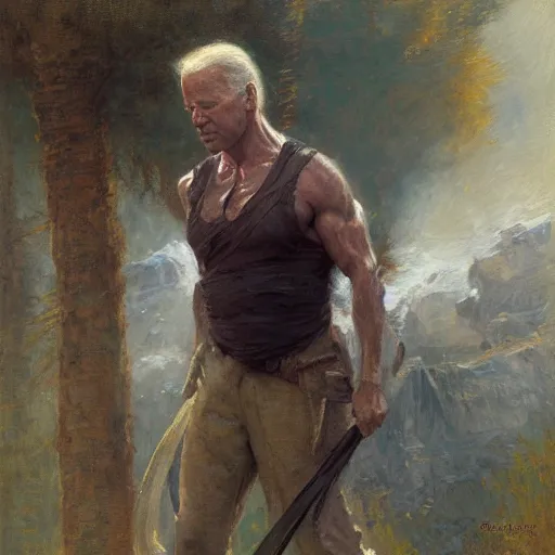 Prompt: Muscular Joe Biden, painting by Gaston Bussiere, Craig Mullins