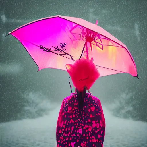 Image similar to photo of kitsune, very detailed, neon, pink, japan, forest, rain, umbrella, ultra, fashion