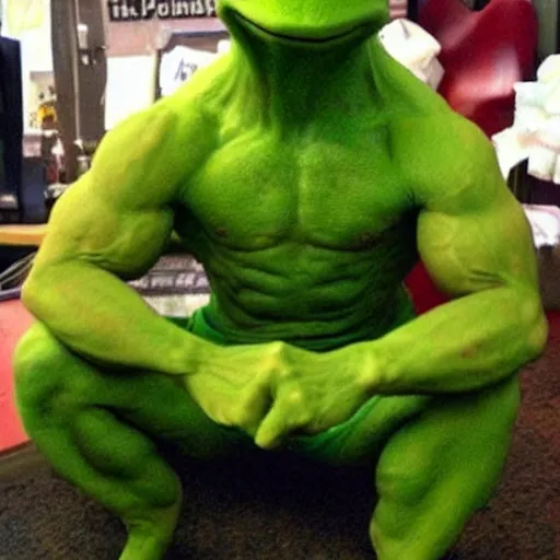 Prompt: Kermit the Frog dressed up as Hulk