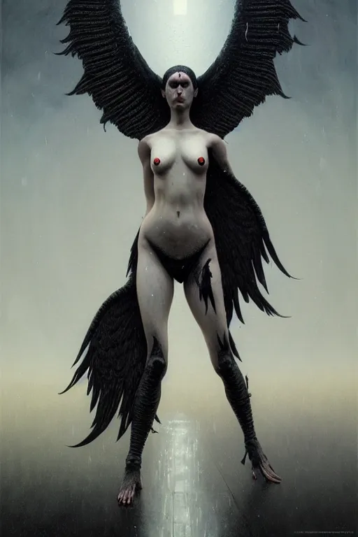 Prompt: gorgeous lilith the mother of all monsters, black feather wings, raining ash, fine art masterpiece, highly detailed dino valls wayne barlowe machiej kuciara, dramatic lighting, long shot, wide angle, uhd 8 k, sharp focus