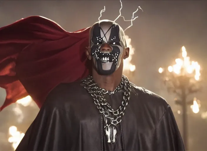 Image similar to film still of jamie foxx as spawn in the new spawn movie, giant chains, large cape, 8 k