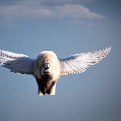 Image similar to buffalo flying with white angelic wings on its back, photograph, beautiful lightning, 4 k