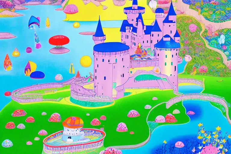 Prompt: an old castle on a seaside cliff by chiho aoshima and lisa frank and heremia ketner coloring book like art