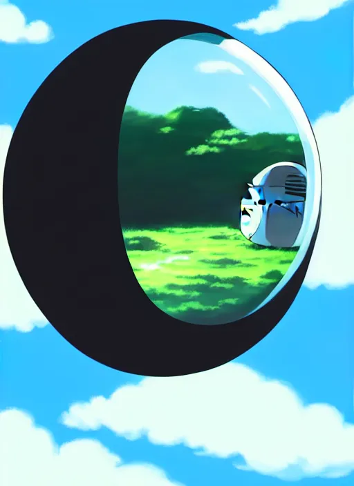 Image similar to an asymmetrical cell - shaded studio ghibli concept art study of a black cube inside a bubble in the sky. wide shot, very dull colors, hd, 4 k, hq