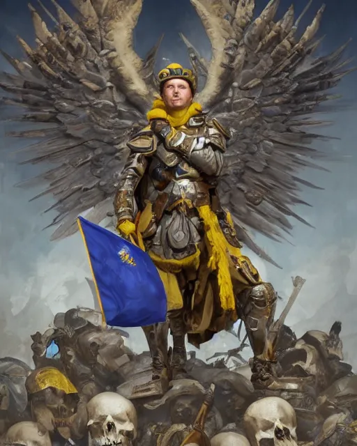 Prompt: A military soldier with angel wings with a blue and yellow flag behind him is standing on a pile of skulls in triumph after the battle, D&D, fantasy, intricate, elegant, highly detailed, digital painting, artstation, concept art, matte, sharp focus, illustration, hearthstone, art by Artgerm and Greg Rutkowski and Alphonse Mucha
