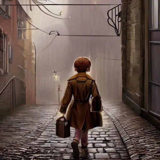 Image similar to brown haired halfling private investigator walking down a Victorian rainy alley in a trenchcoat , artstation, detailed, hyper realistic, 8k, digital art, cinematic