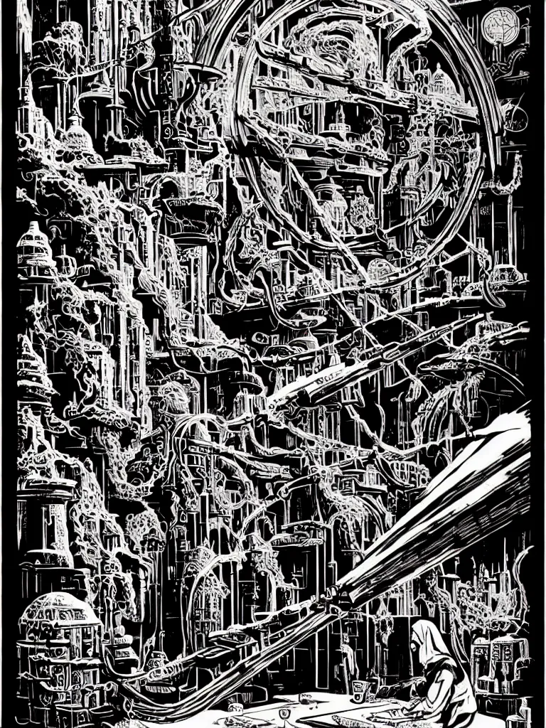 Image similar to ancient alchemist wizards laboratory, high details, lineart, by vincent di fate, inking, 3 color screen print, masterpiece, trending on artstation, sharp, high contrast, hyper - detailed, hd, 4 k, 8 k