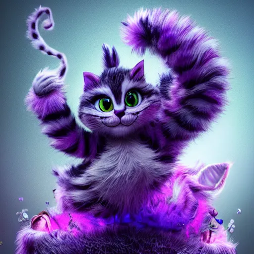 Image similar to full body pose, hyperrealistic photograph of the cheshire cat as a cute kitten, dim volumetric lighting, 8 k, octane beautifully detailed render, extremely hyper detailed, intricate, epic composition, cinematic lighting, masterpiece, trending on artstation, very very detailed, stunning, hdr, smooth, sharp focus, high resolution, award, winning photo, dslr, 5 0 mm