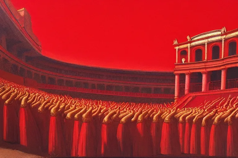 Image similar to only with red, a red melted emperor in an authoritarian position, taormina amphitheatre, crowd hails him, in the style of beksinski, parts by edward hopper, parts by rodcenko, parts by yue minjun, intricate and epic composition, red by caravaggio, insane quality, highly detailed, masterpiece, red light, artstation