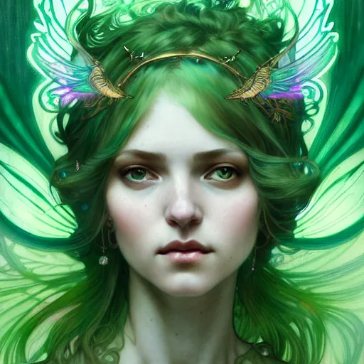 Prompt: Portrait of a girl with green hair and glowing halo and highly detailed intricate wings, art nouveau, fantasy, intricate, elegant, highly detailed, digital painting, artstation, concept art, smooth, sharp focus, illustration, art by Krenz Cushart and Artem Demura and alphonse mucha