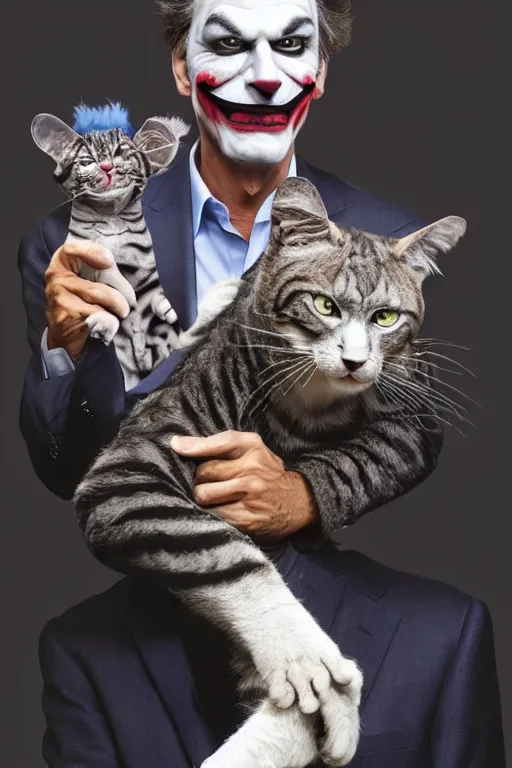 Image similar to Mauricio Macri with an angry cat in his hand in Elaborate Joker Makeup and prosthetics designed by Rick Baker, Hyperreal, Head Shots Photographed in the Style of Annie Leibovitz, Studio Lighting