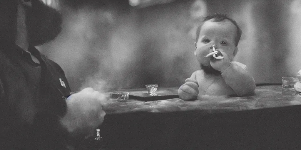 Prompt: a baby with a beard and mustache smoking a cigar in a bar, hyperrealism, cimetic, filmic