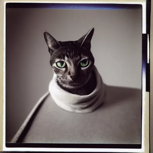 Image similar to close-up shot of a cat wearing hoodie in 80s, funny, Polaroid photo, by Warhol