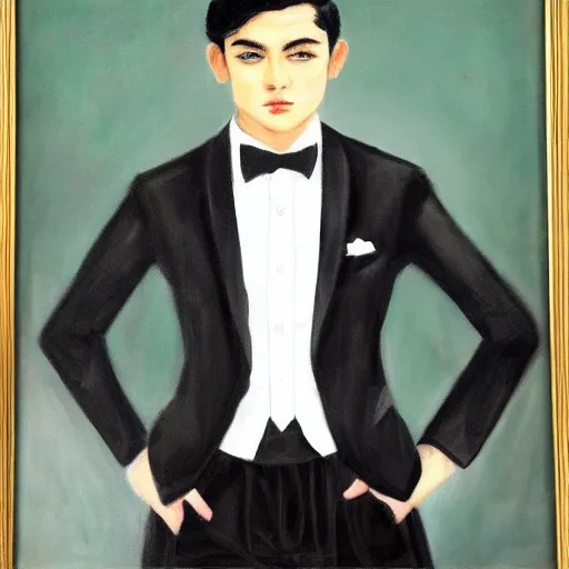 Prompt: 1 6 year old black suit white shirt, black bowtie, black haired royal garment man, determined, fearless, sharp looking portrait, oil painting