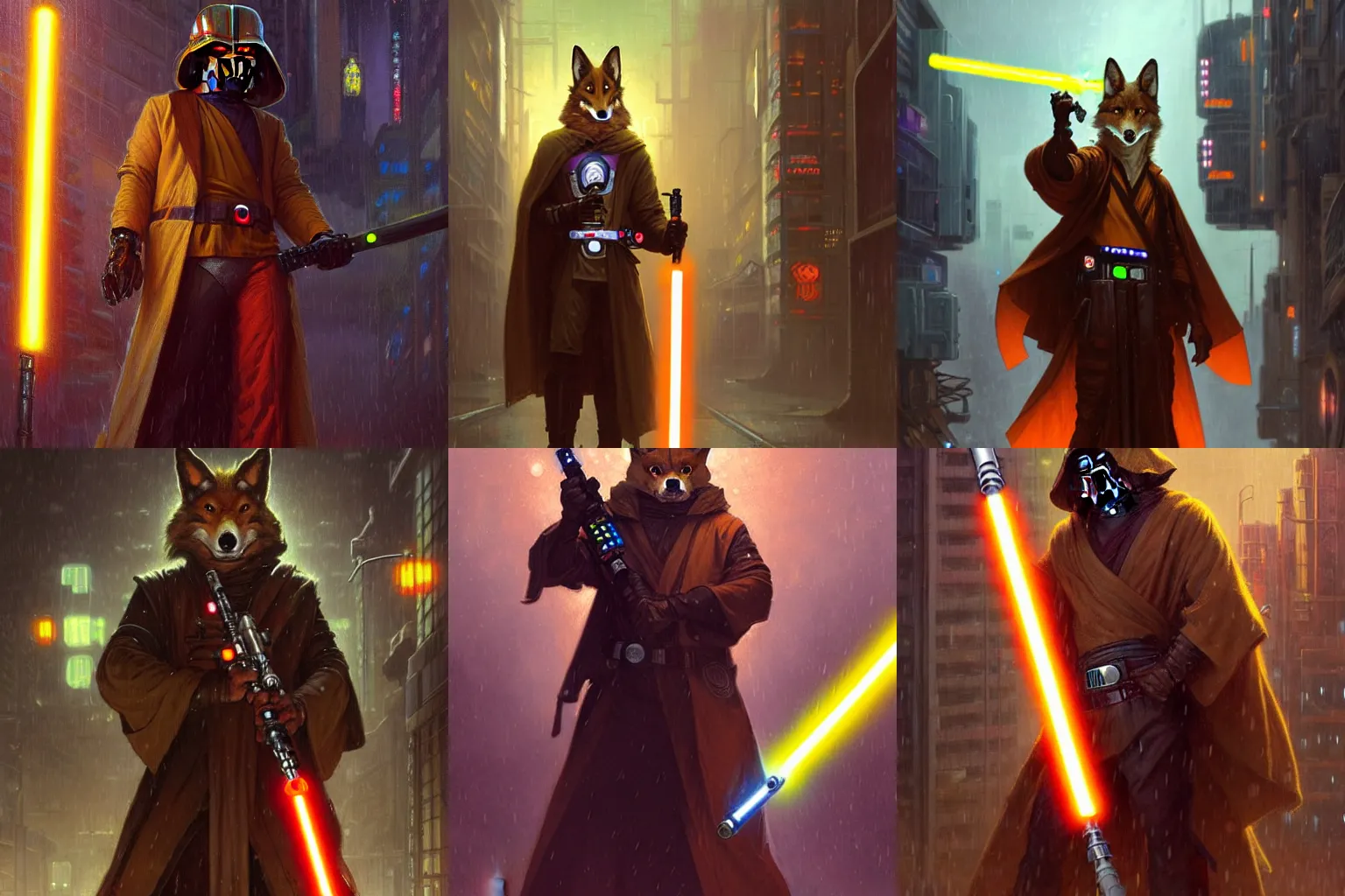 Prompt: anthropomorphic coyote wearing Jedi robes and wielding a lightsaber with an orange blade in a cyberpunk city at night while it rains. Renowned character illustration by greg rutkowski, thomas kindkade, alphonse mucha, loish, norman rockwell. Trending on Artstation.