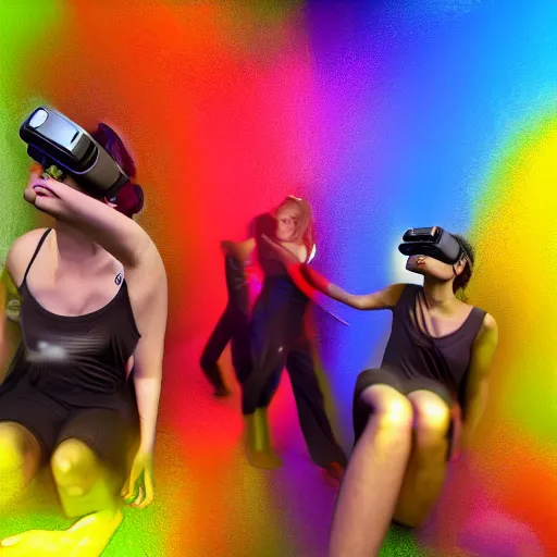 Image similar to Virtual Reality junkies, groups of people, HMD, ecstasy emotion, colorful, realistic render