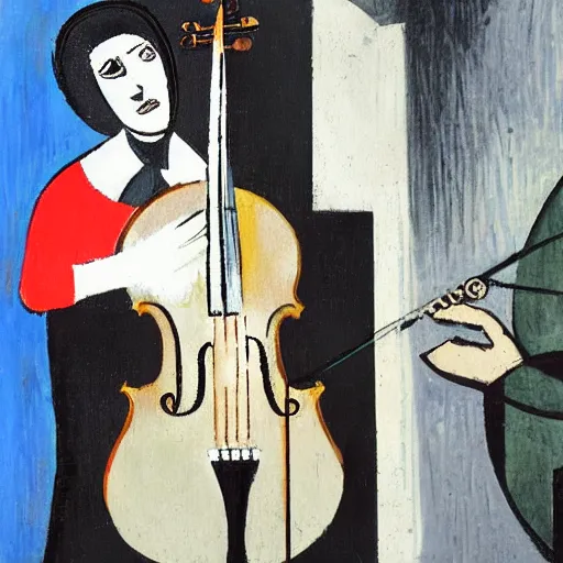 Prompt: cello violin concert art by picasso and banksy