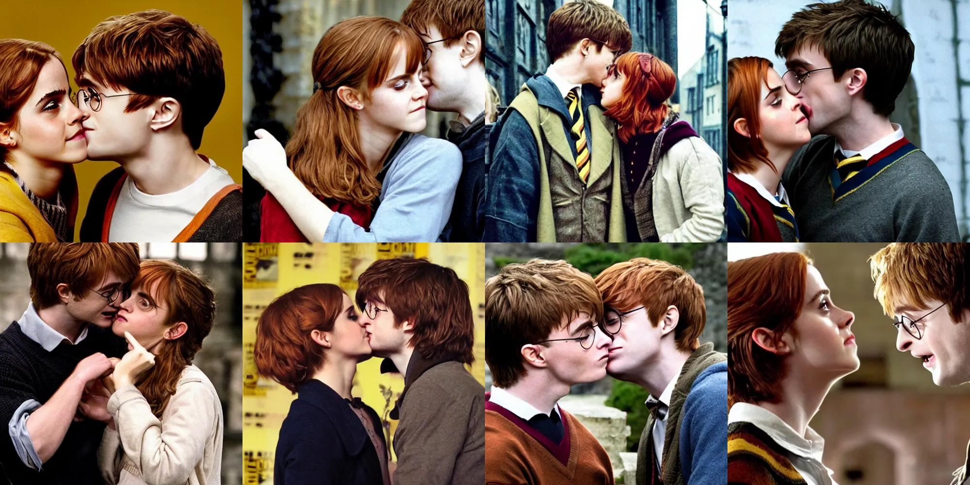 Prompt: Emma Watson as Harry Potter, kissing Daniel Radcliffe as Ron Weasley.