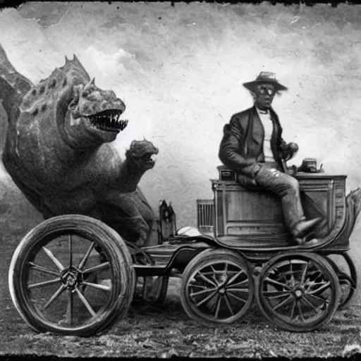 Prompt: unextincted humanoid dinosaurs driving cars, victorian photo