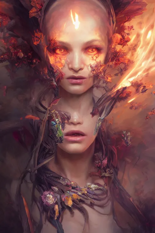 Image similar to face closeup of beautiful girl necromancer, witch - doctor exploding into flowers, angels, 3 d render, hyper - realistic detailed portrait, holding fire and electricity, ruan jia, wlop. scifi, fantasy, magic the gathering, hyper detailed, octane render, concept art, peter mohrbacher
