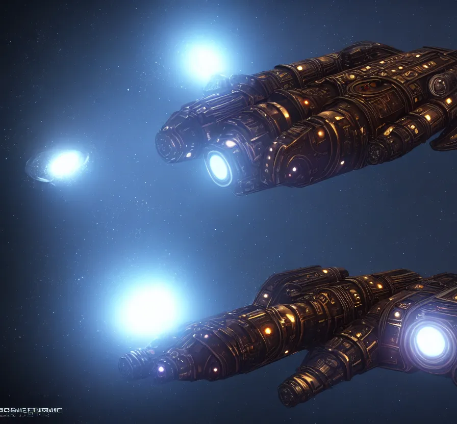 Image similar to symmetric steampunk space ship in dark space, unreal engine, digital