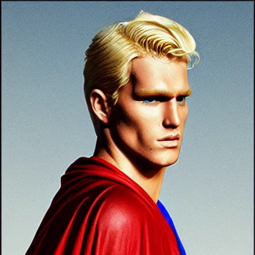 Image similar to portrait of blonde superman with blonde hair he is blinde and thin face lines, his cape is the american flag