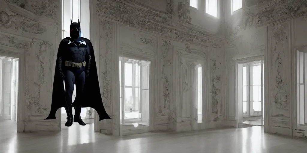 Image similar to Batman standing in giant Italian modern castle living room, clean minimalist design, that is 1300 feet tall, with very tall giant walls filled with modern art paintings, doors that are cosmic portals, photo by Annie Leibovitz