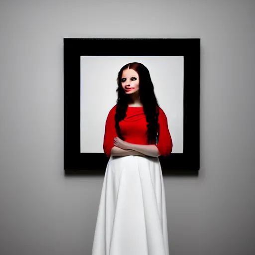 Image similar to Stunning modern studio portrait photograph of the original female model named Mona Lisa standing in a white room wearing a red dress, XF IQ4, f/1.4, ISO 200, 1/160s, 8K, RAW, unedited, symmetrical balance, in-frame, sharpened