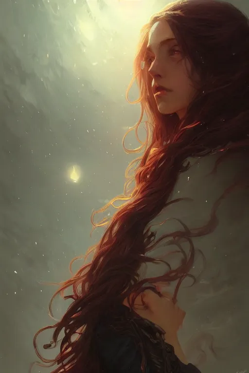 Prompt: long hair, red eyes, portrait, girl, cloud night background, night, high detail, concept art, digital art, illustration, smooth, sharp focus, greg rutkowski, alphonse mucha, trending on artstation, trending on deviantart,